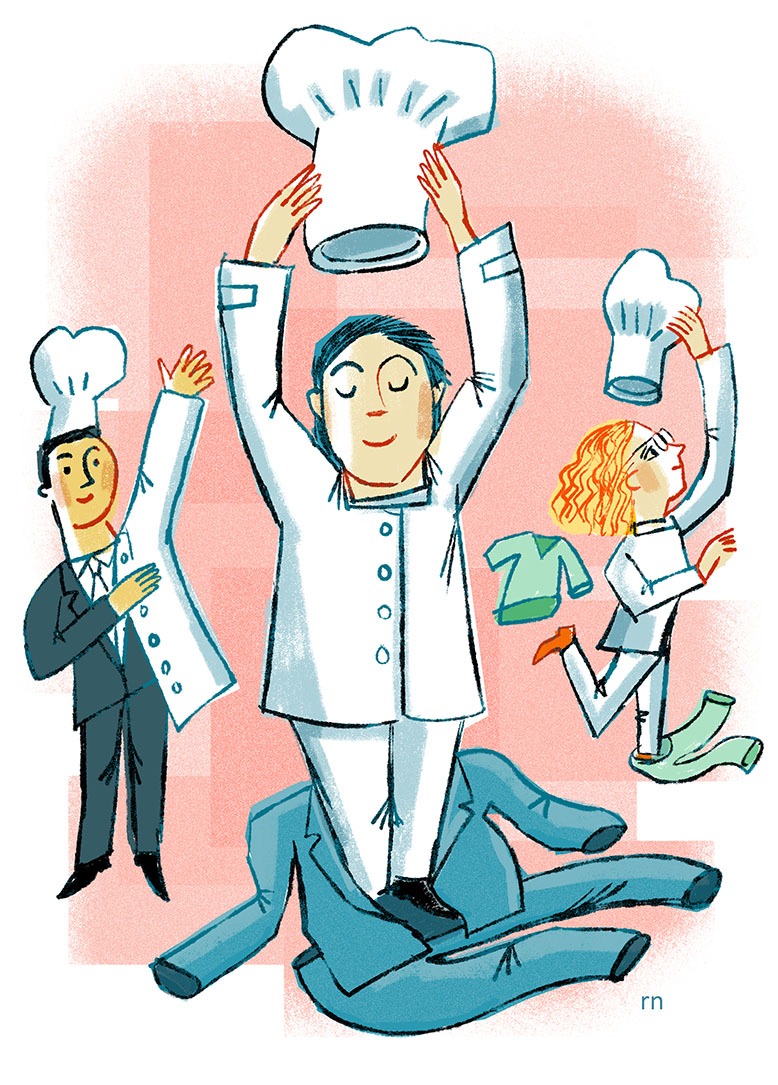 Illustration showing three chefs shedding uniforms from other jobs and wearing or putting on chef uniforms and hats