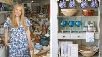 Photo of Emily Raleigh at her Dune Market in LBI next to a photo of home items from the shop