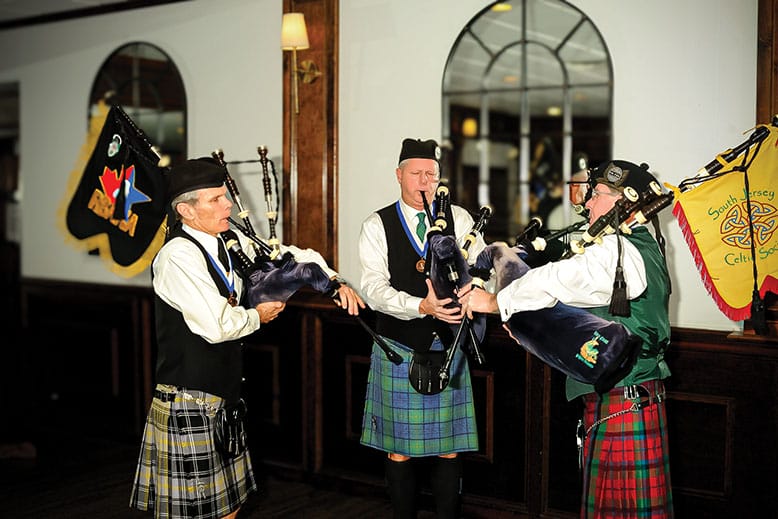 The South Jersey Celtic Society Pipe Band playing at the society's annual Burns Supper.