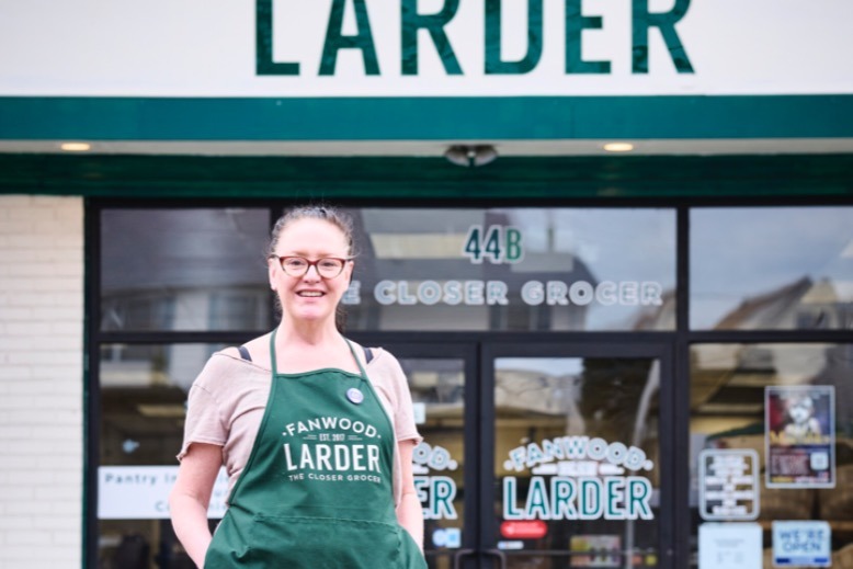 Eva Pfaff stands outside her grocery store, Fanwood Larder.