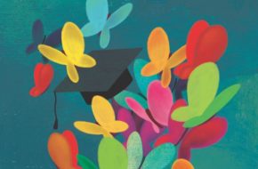 Illustration of graduation cap with colorful butterflies