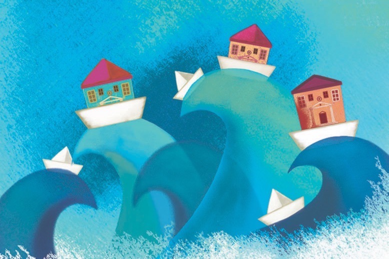 Illustration showing small colleges riding waves