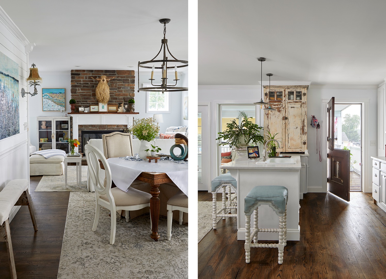 Two photos of the shabby-chic, intentionally neutral interiors of a Forked River waterfront hope.
