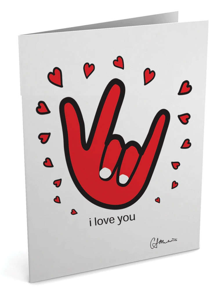 A white card with red hearts surrounding an illustration of a hand signing "I love you."