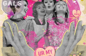 A collage illustration including female friends, popcorn, Champagne and candy hearts.