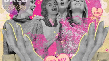 A collage illustration including female friends, popcorn, Champagne and candy hearts.