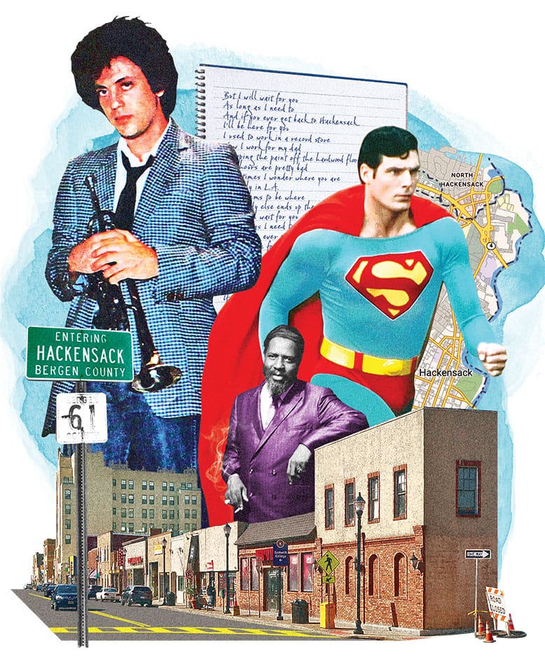 Collage illustration showing various symbols of Hackensack, New Jersey, in popular culture, including Billy Joel and Superman