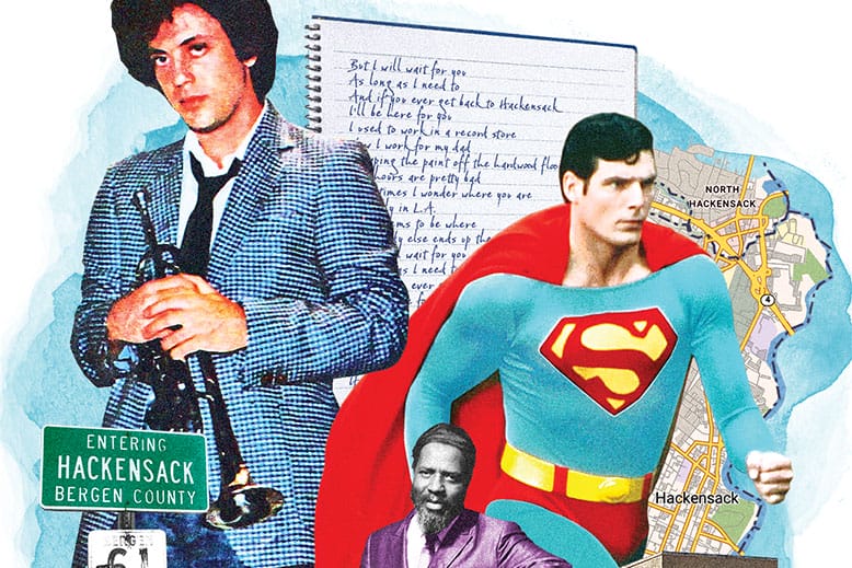 Collage illustration showing various symbols of Hackensack, New Jersey, in popular culture, including Billy Joel and Superman