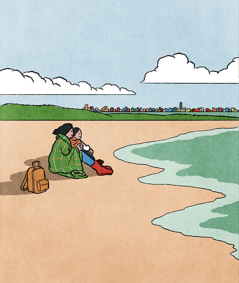 Illustration of mother and son sitting on beach wrapped in blankets