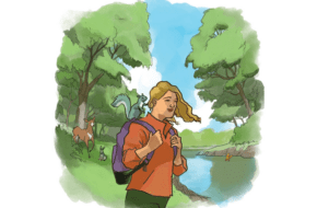 Illustration of hiker standing serenely, with a squirrel sitting on her backpack