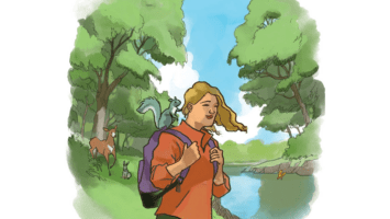 Illustration of hiker standing serenely, with a squirrel sitting on her backpack