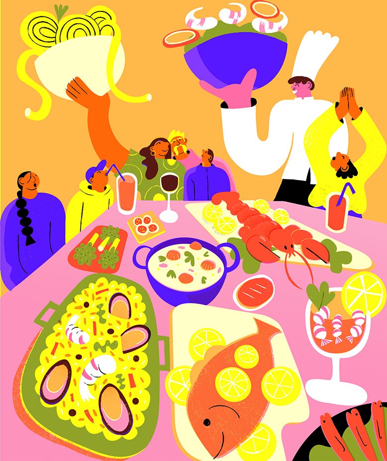 Illustration of family members of all ages happily eating and drinking at an abundant table
