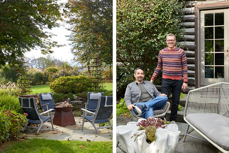 A photo of Ruhland and Craig's patio, featuring a firepit surrounded by four chairs, next to a photo of Craig and Ruhland spending time on the patio.