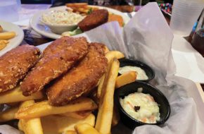 Beer-battered fried fish over a bed of fries at the Irish Pub in Atlantic City.