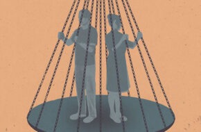 Illustration of couple trapped on a checks-and-balance scale