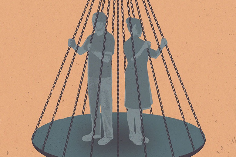 Illustration of couple trapped on a checks-and-balance scale