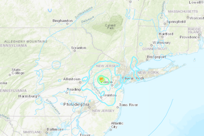 Map showing New Jersey as center of April 5 earthquake