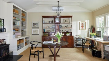 Sally Ross's light-filled home office features built-ins and a neutral color palette.