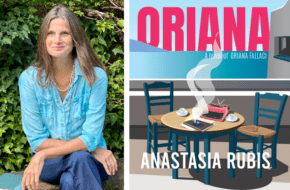 Split photo of author Anastasia Rubis and the cover of her new biographical novel, "Oriana: A Novel of Oriana Fallaci"