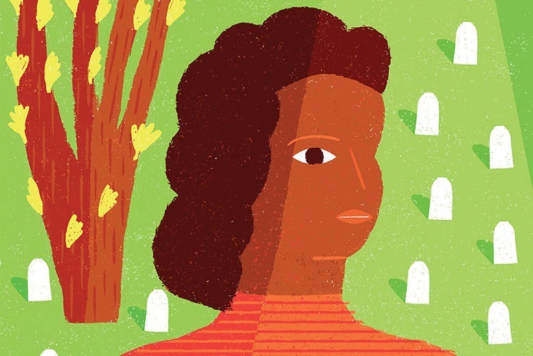 Collage illustration of Black woman with graveyard behind her