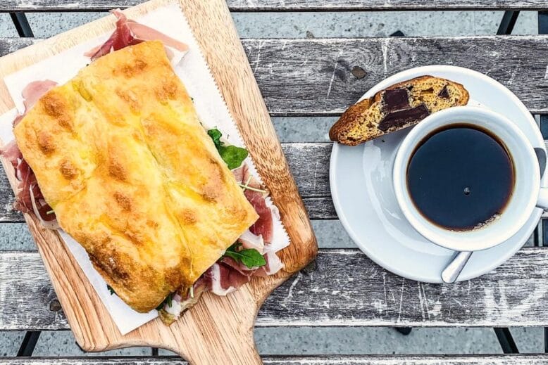 A sandwich, coffee and biscotti from Prato Bakery in Hoboken