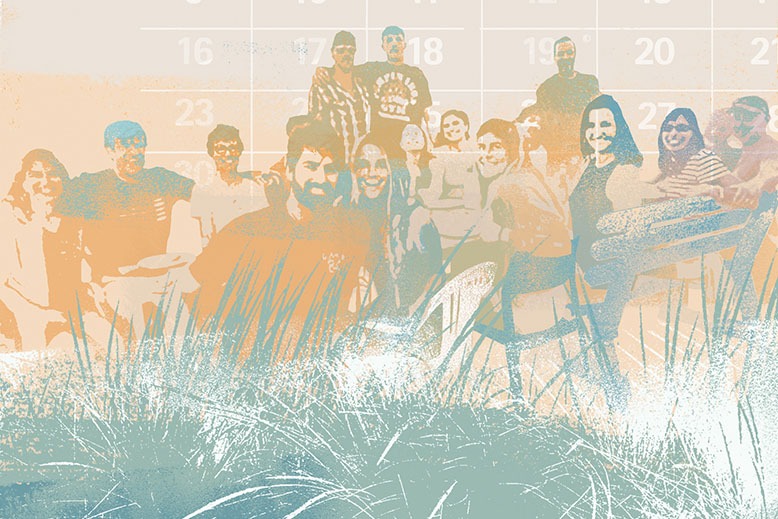 Illustration of large family on a beach vacation overlaid on a calendar