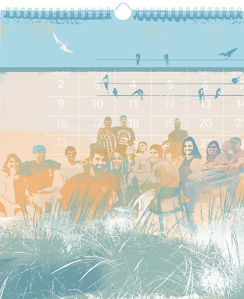 Illustration of large family on a beach vacation overlaid on a calendar