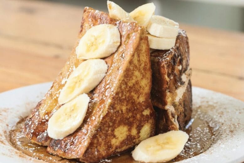 French toast topped with banana slices at Sabrina's Café in Collingswood