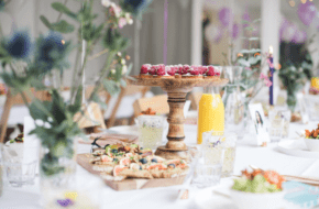 Beautiful spring brunch on tabletop with florals