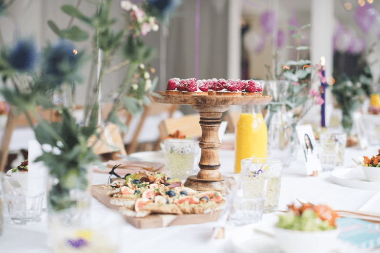 Beautiful spring brunch on tabletop with florals