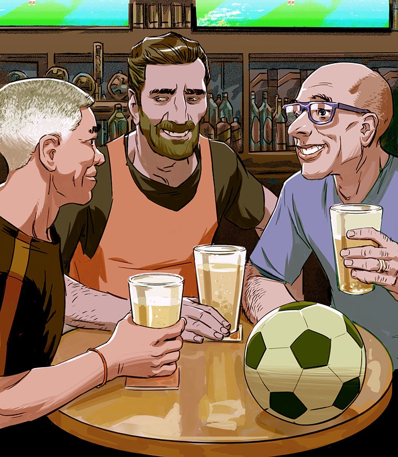 Illustration of three men holding beers at a bar; a soccer bar sits on their table