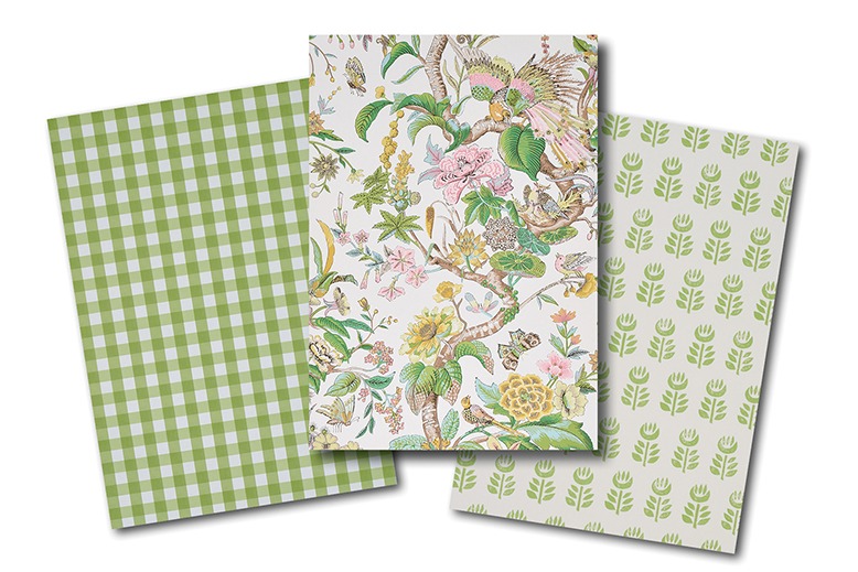 Wallpaper patterns with green, yellow, pink and cream color palettes.