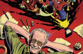 Illustration featuring comic book writer Stan Lee and several of his iconic characters