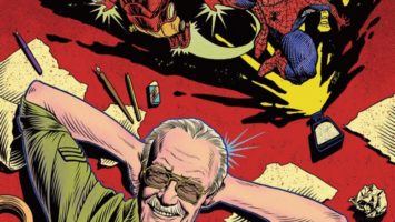 Illustration featuring comic book writer Stan Lee and several of his iconic characters