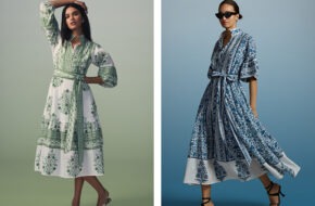 Two models don green and blue Sue Sartor dresses for Anthropologie
