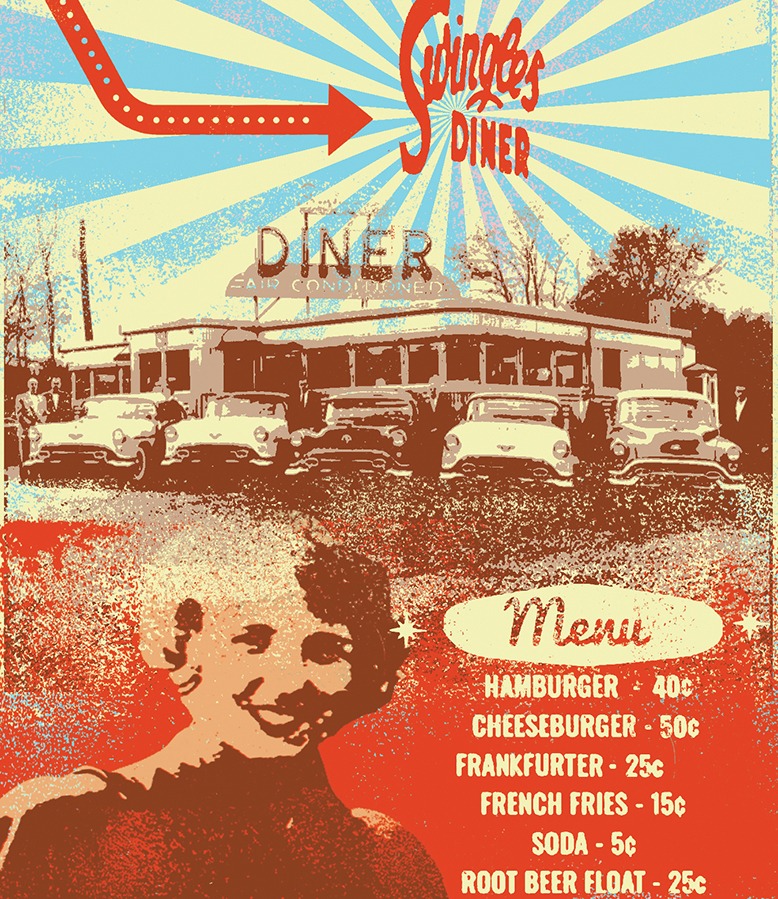 A collage illustration featuring an old Swingle's Diner and Mary Swingle, whose brothers ran the business.