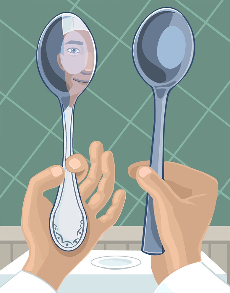 Illustration of chef looking at himself in the reflection of a spoon
