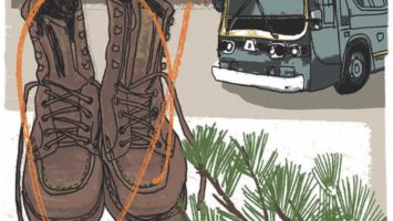 Collage illustration featuring hiking boots, a campsite, a Polaroid of two hikers, and an RV