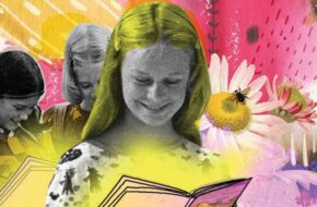 Collage artwork featuring a girl reading Judy Blume's book, "Are You There God? It's Me, Margaret"