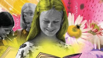 Collage artwork featuring a girl reading Judy Blume's book, "Are You There God? It's Me, Margaret"