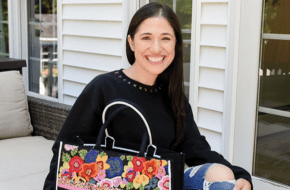 Embroidery Babes founder Michelle Fleischer with one of her custom totes