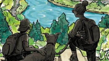Illustration of hikers overlooking foliage and water