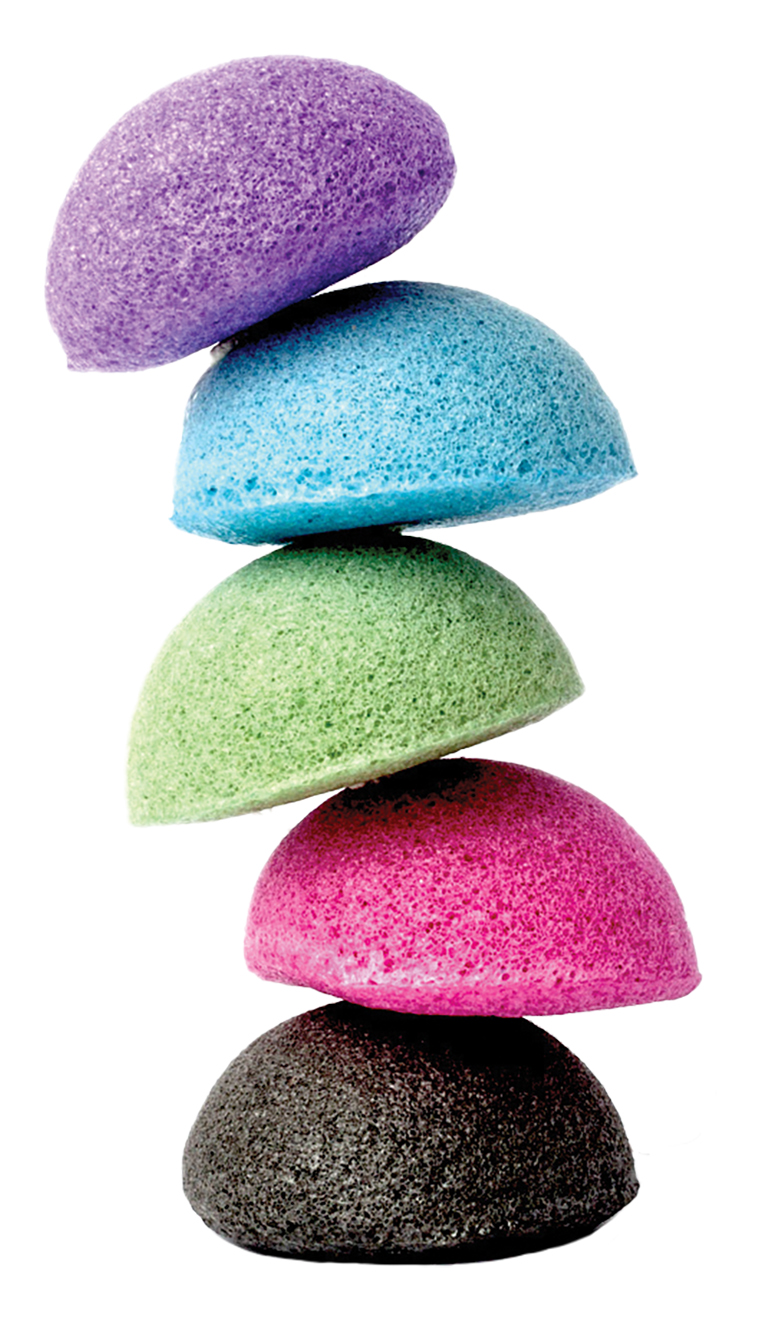 A stack of colorful complexion sponges.