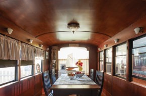 The dining room of the Sjonells’ vintage trolley car.