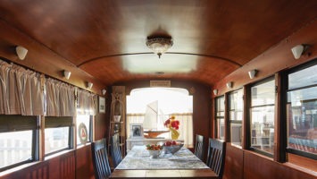 The dining room of the Sjonells’ vintage trolley car.