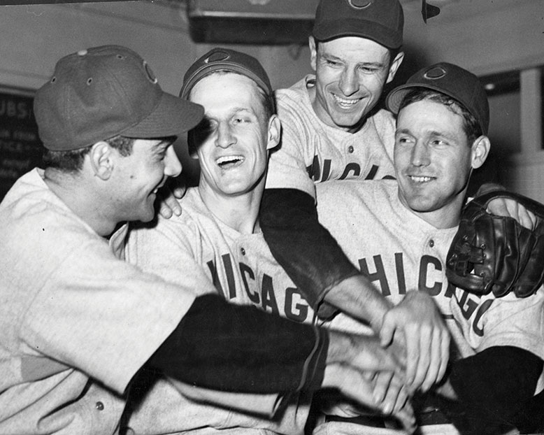 Borowy, second from left, celebrating a victory in the 1945 World Series with the Chicago Cubs.