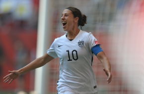 Carli Lloyd celebrates her third goal as the USWNT go up 4-1 over Japan to begin the second half in the 2015 FIFA Women's World Cup Final at BC Place.