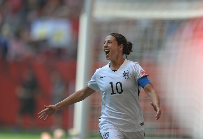 Carli Lloyd celebrates her third goal as the USWNT go up 4-1 over Japan to begin the second half in the 2015 FIFA Women's World Cup Final at BC Place.