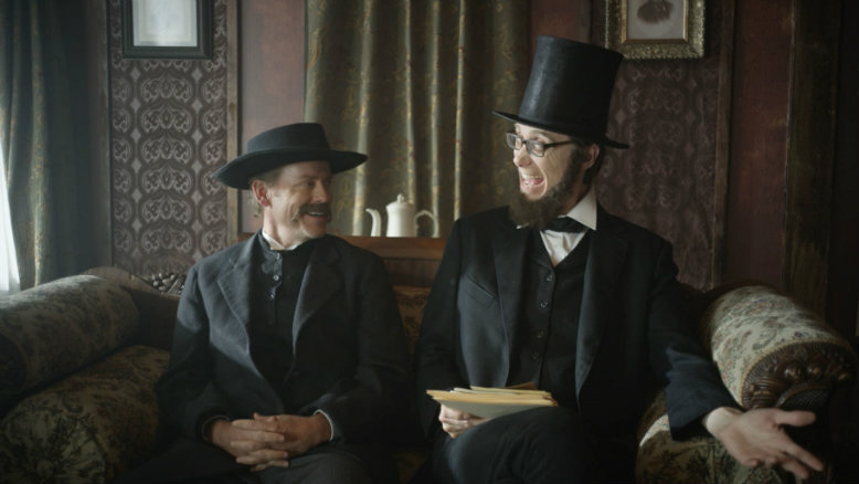 Greg Kinnear as Thaddeus Lowe, Stephen Merchant as President Lincoln. Photo courtesy of Comedy Central. 