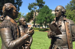 Hamilton, middle, and Washington listen to Lafayette's 1780 vow of support on the Morristown Green.